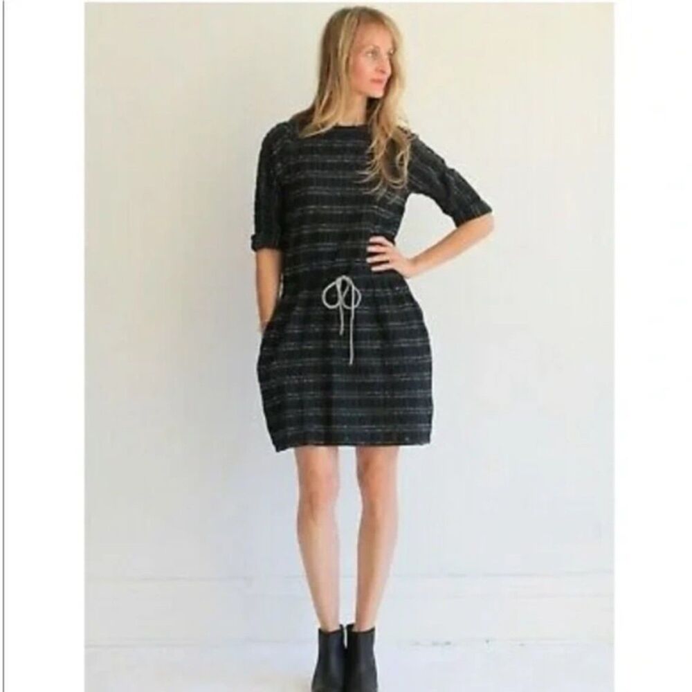 ACE & JIG Zodiac Lake Black White Striped Waist Tie 3/4 Sleeve Mini Dress Small
